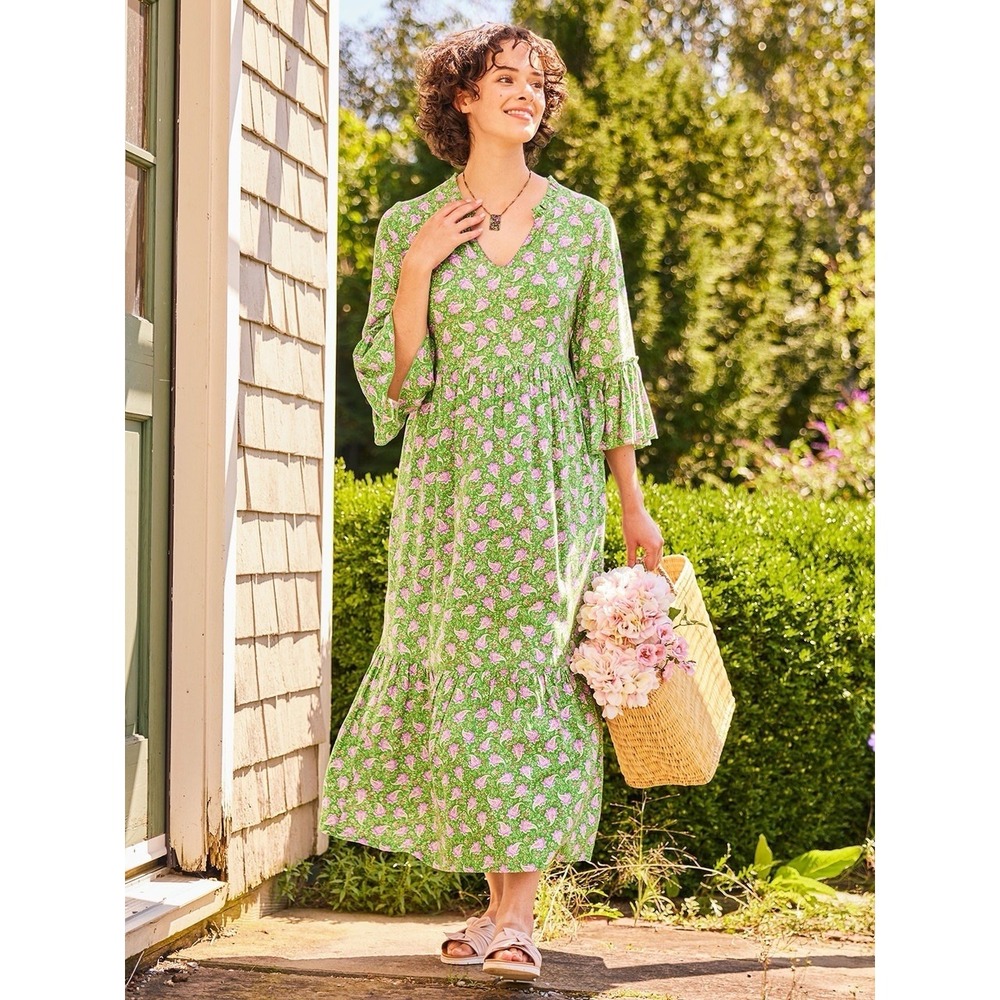 April Cornell Green Purple Paisley Floral Ruffle Tiered Midi Dress S Bell Sleeve
